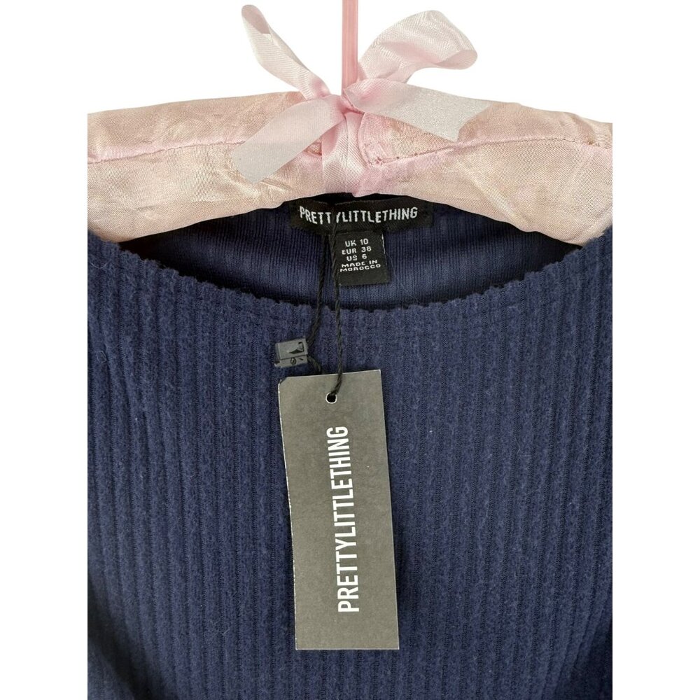 NWT PrettyLittleThing Navy Brushed Rib Asymmetric Ruffle Mini Dress Skater Style - Picture 12 of 16